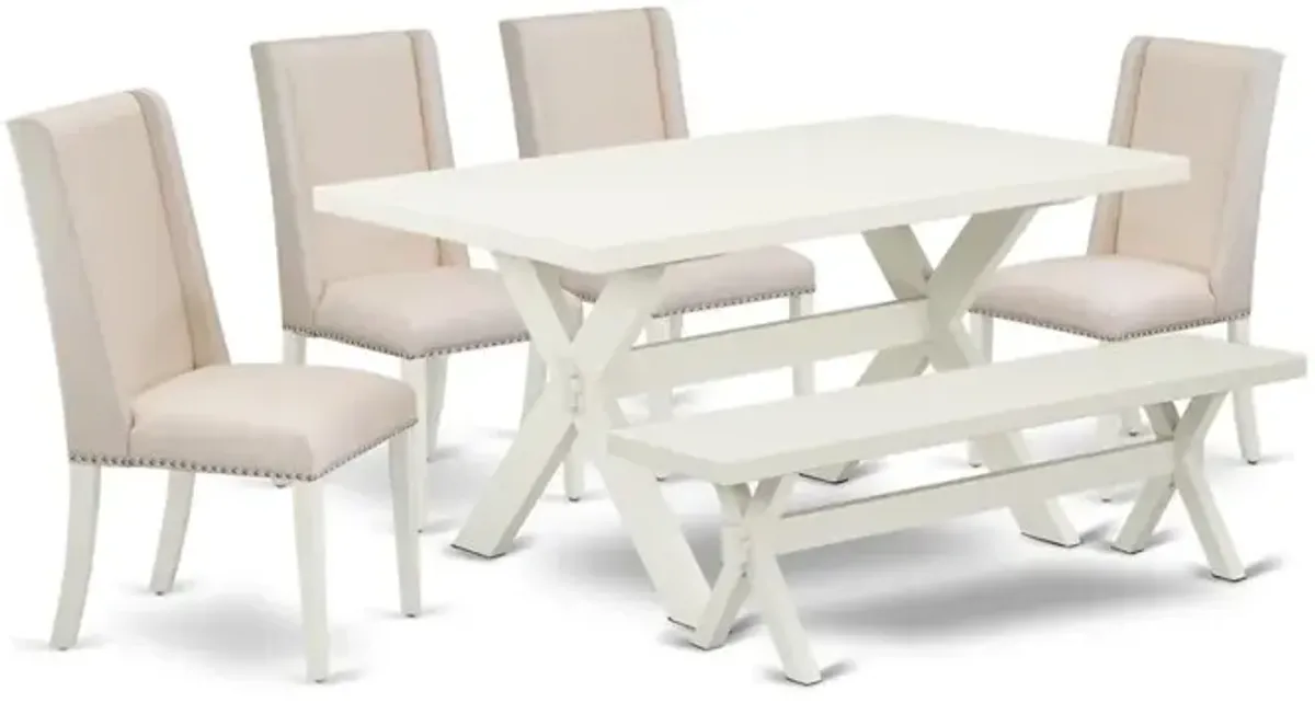 East West Furniture 6-Piece Gorgeous kitchen table set a Superb Linen White Wood Dining Table Top and Linen White Dining Room Bench and 4 Lovely Linen Fabric Dining Chairs with Nail Heads and Stylish