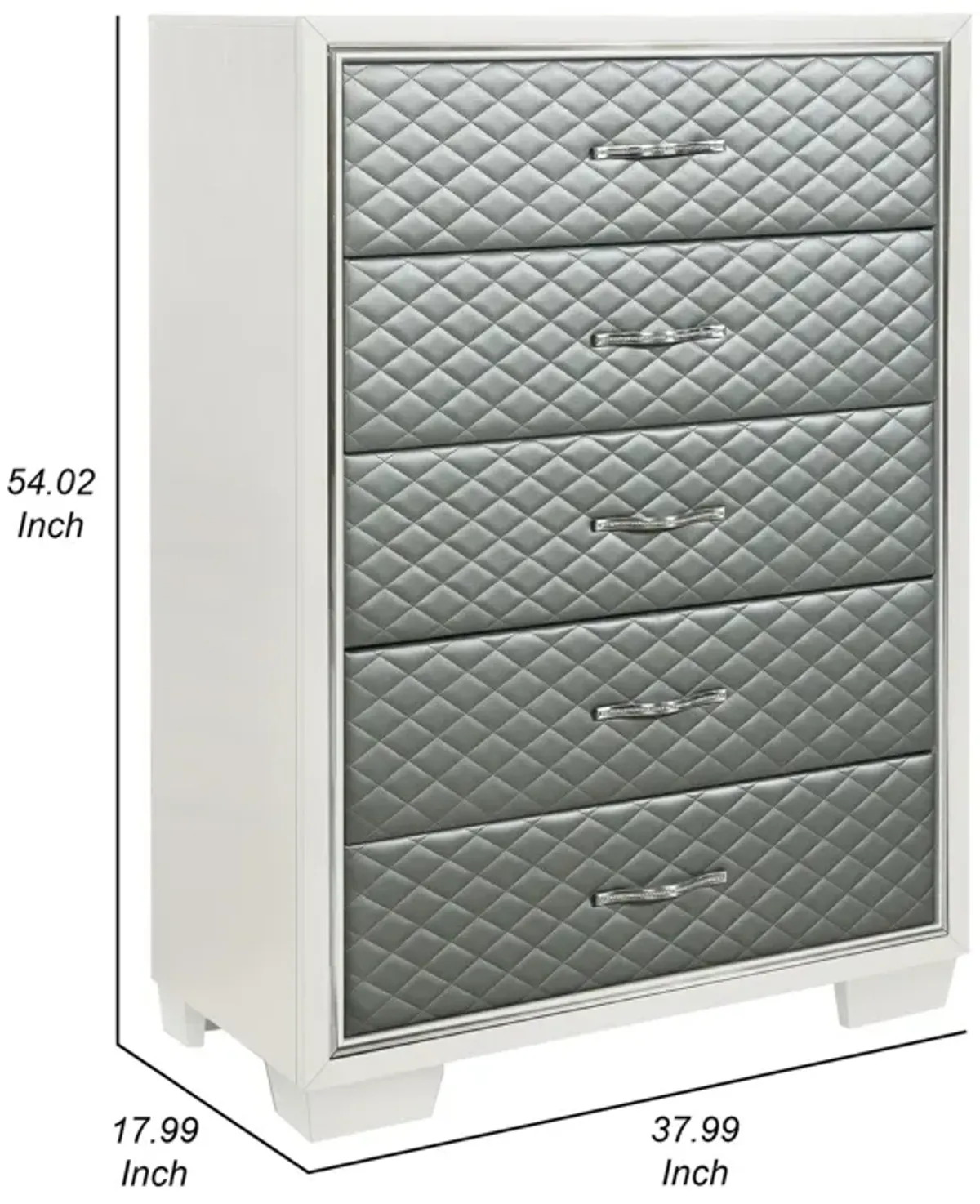 Benjara Inna 54 Inch Tall Dresser Chest, 5 Drawers, Upholstery Wood, White, Silver, Chrome