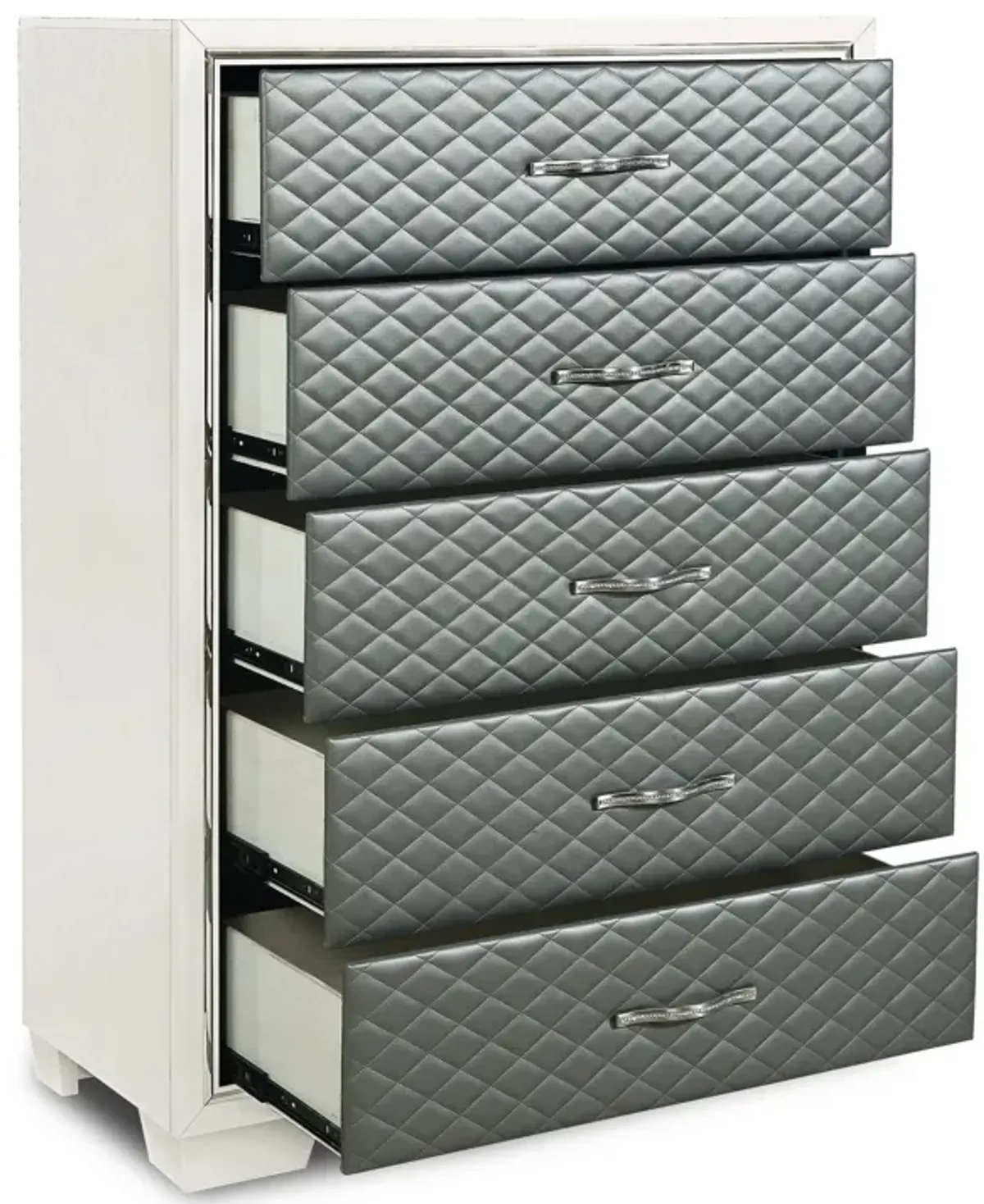 Benjara Inna 54 Inch Tall Dresser Chest, 5 Drawers, Upholstery Wood, White, Silver, Chrome