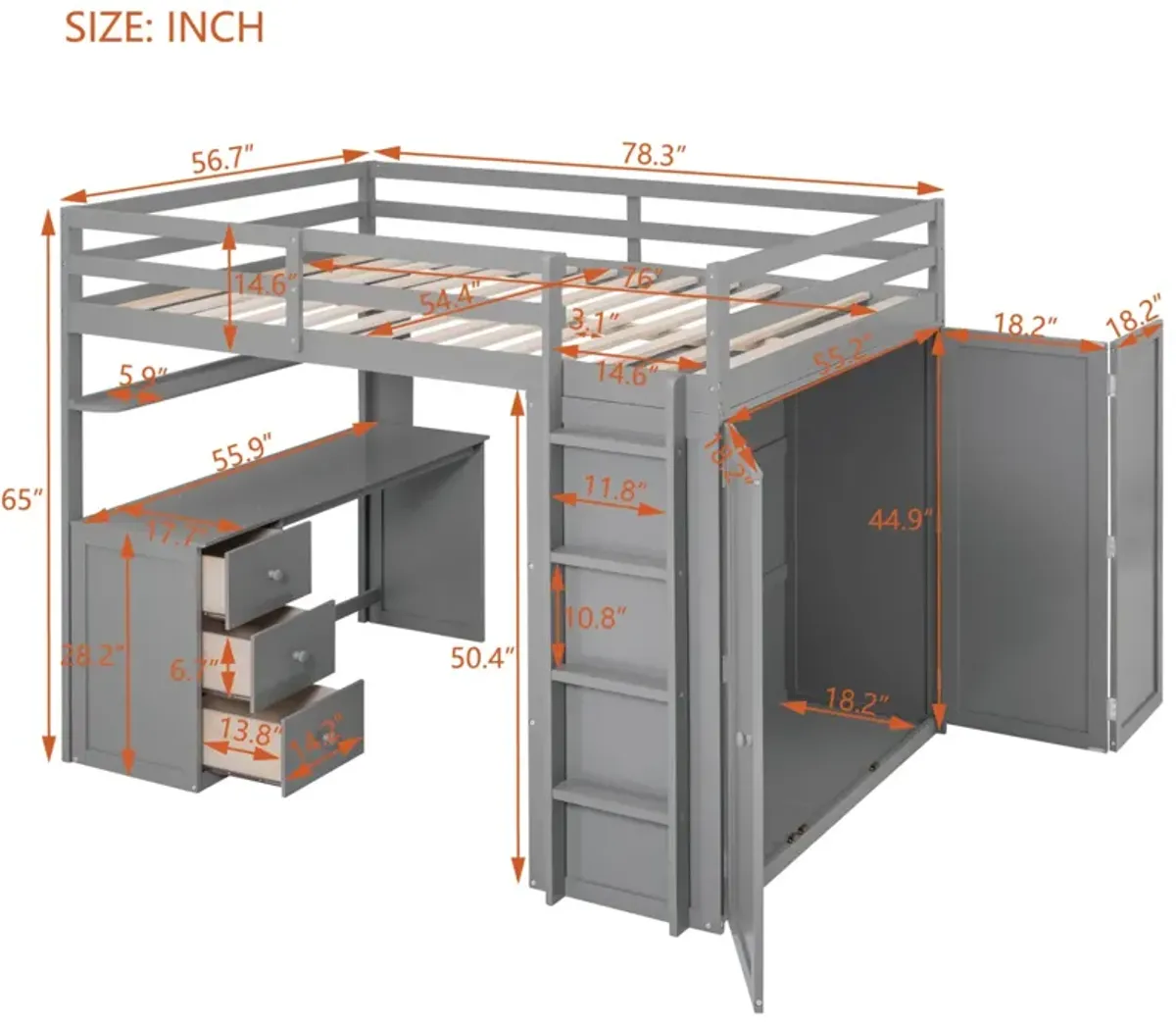 Full Size Loft Bed With Drawers, Desk, And Wardrobe