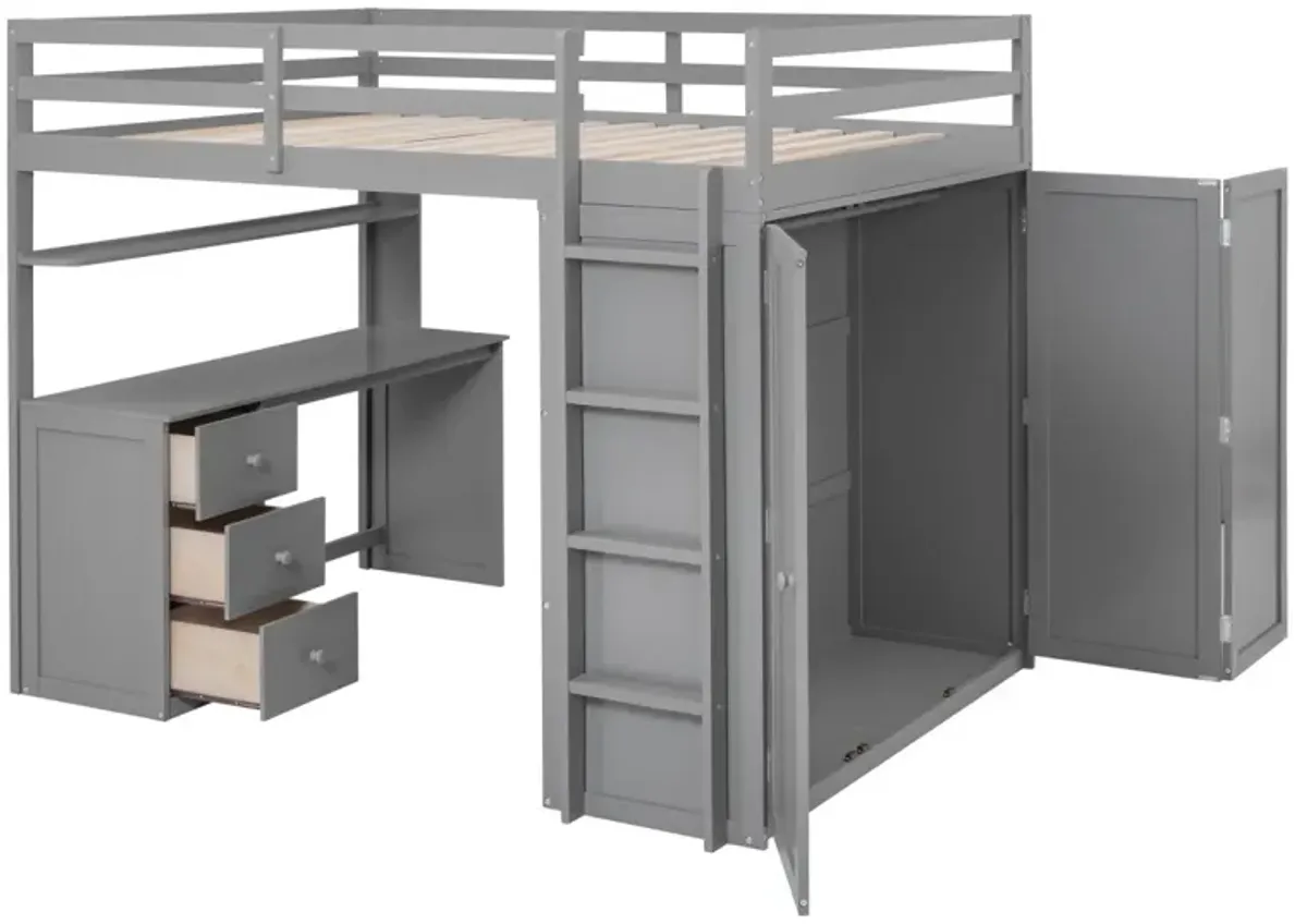 Full Size Loft Bed With Drawers, Desk, And Wardrobe