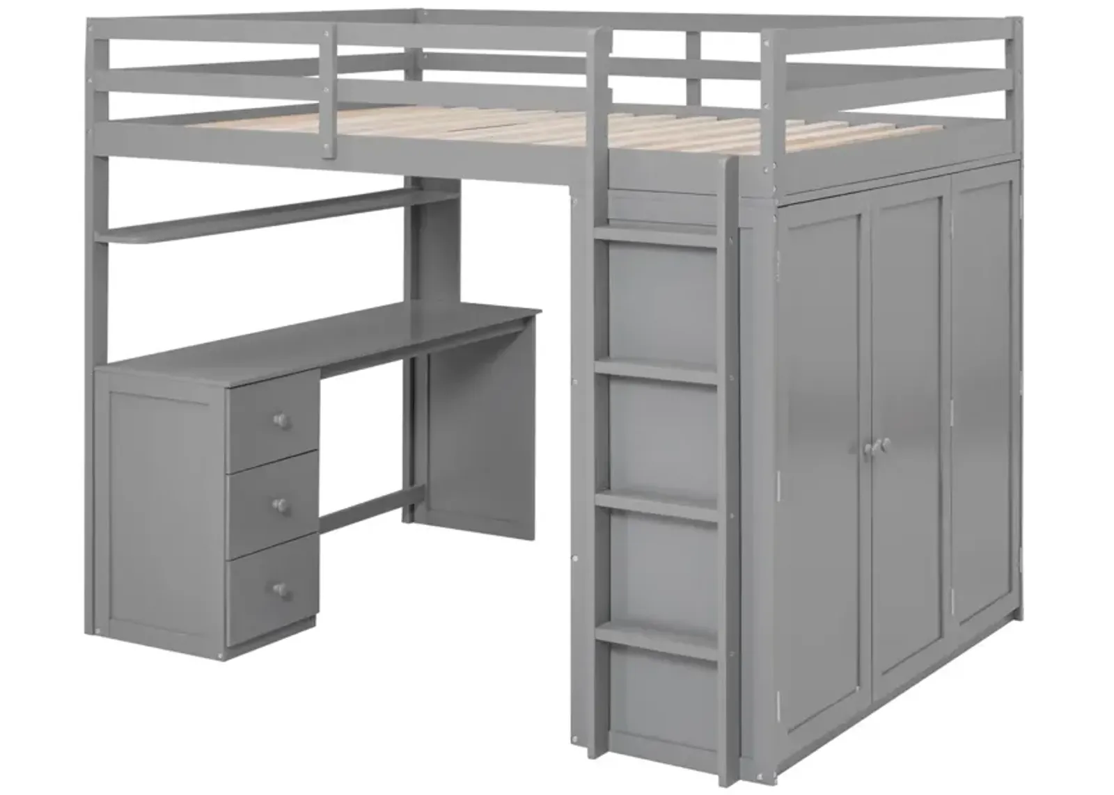 Full Size Loft Bed With Drawers, Desk, And Wardrobe