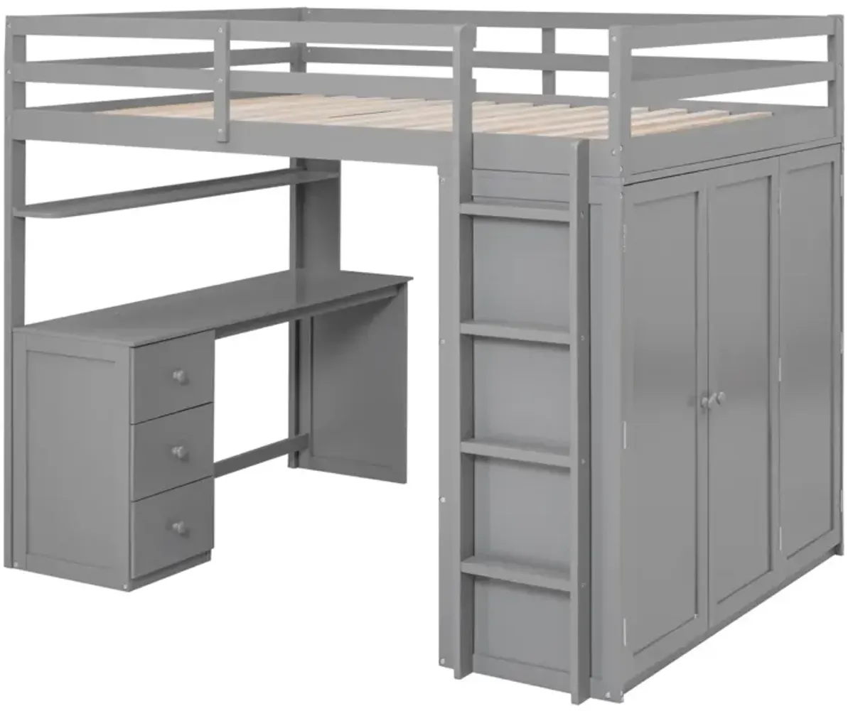 Full Size Loft Bed With Drawers, Desk, And Wardrobe