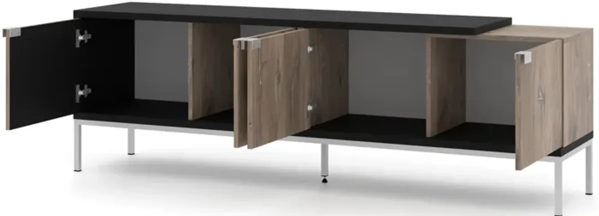 TV Stand TOLEDO 75.08 in 4D Black matt - Flagstaff Oak - Silver Frame