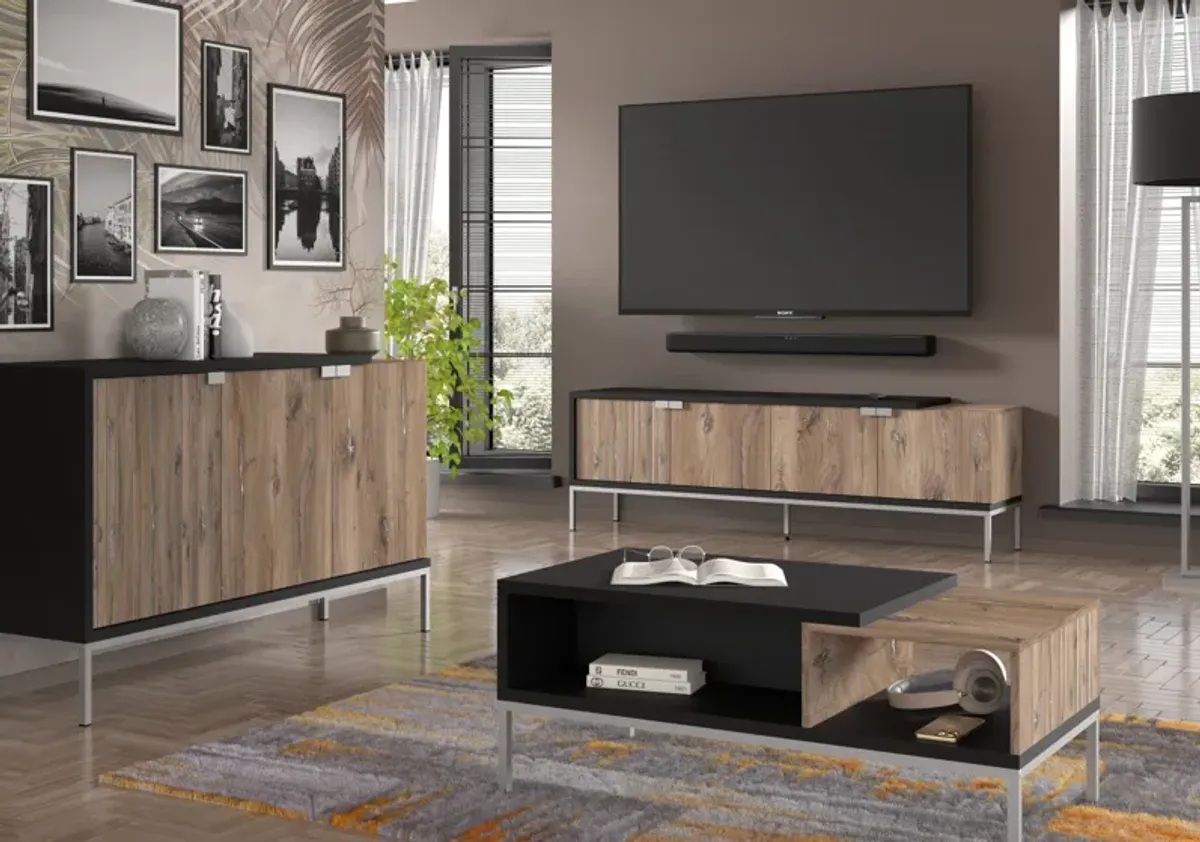 TV Stand TOLEDO 75.08 in 4D Black matt - Flagstaff Oak - Silver Frame