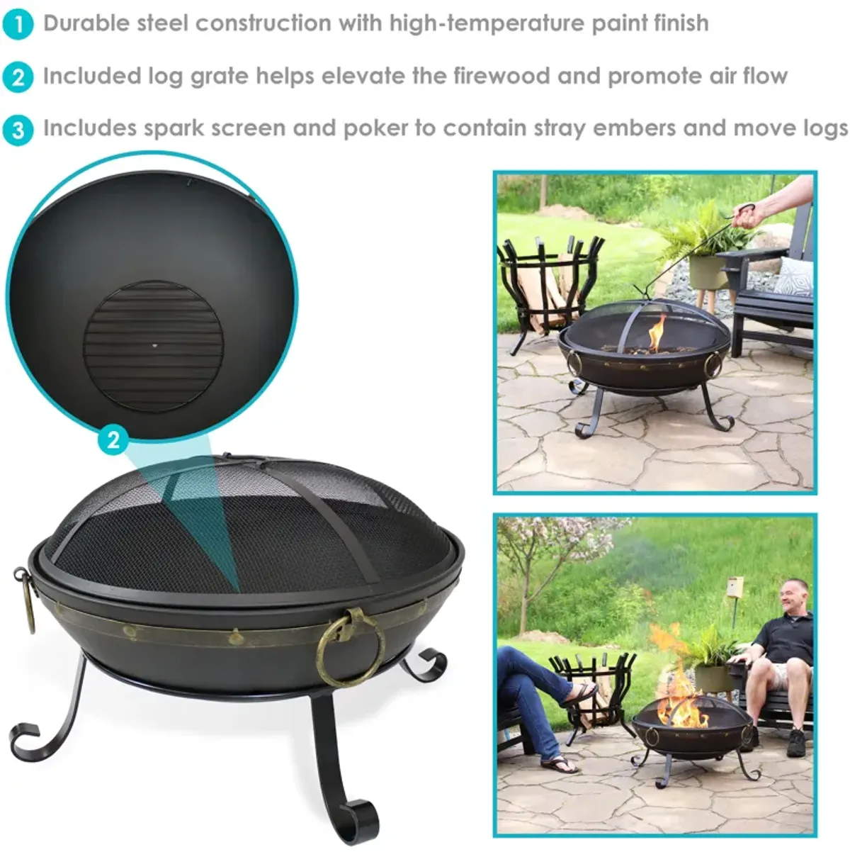 Sunnydaze 25 in Victorian Steel Fire Bowl with Handles and Spark Screen