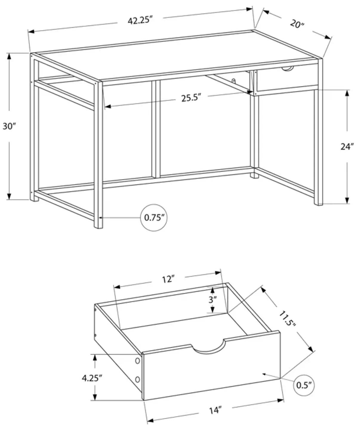 Monarch Specialties I 7570 Computer Desk, Home Office, Laptop, Storage Drawer, 42"L, Work, Metal, Laminate, White, Contemporary, Modern