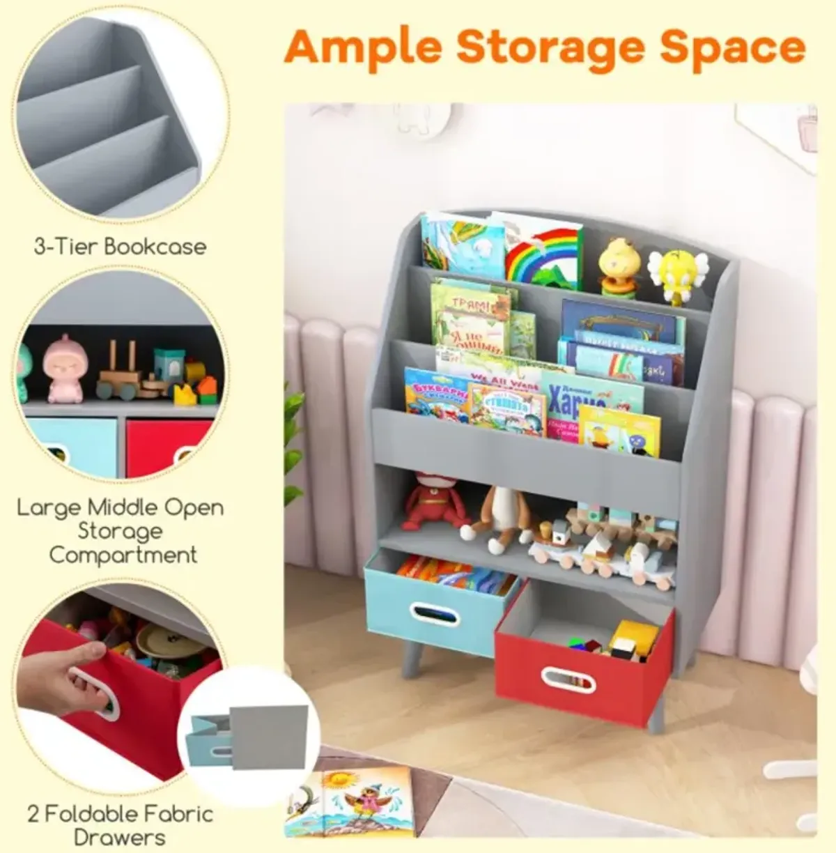 Hivvago Kids Bookshelf with Open Compartment for Toddlers 3+ Years Old