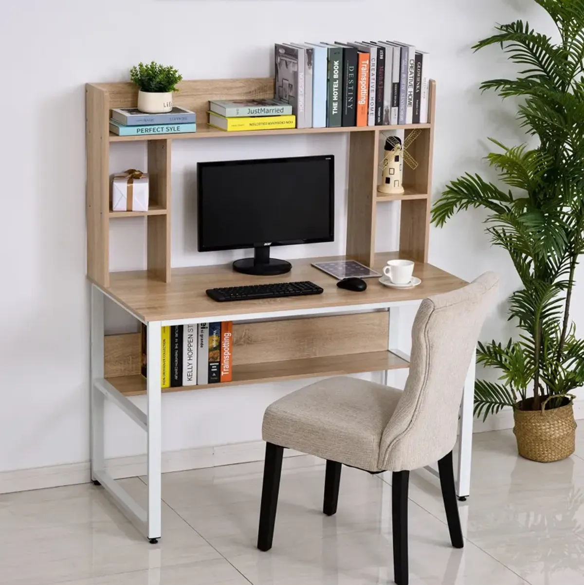 Oak Wood Office Center: Computer Desk with Hutches and Shelves