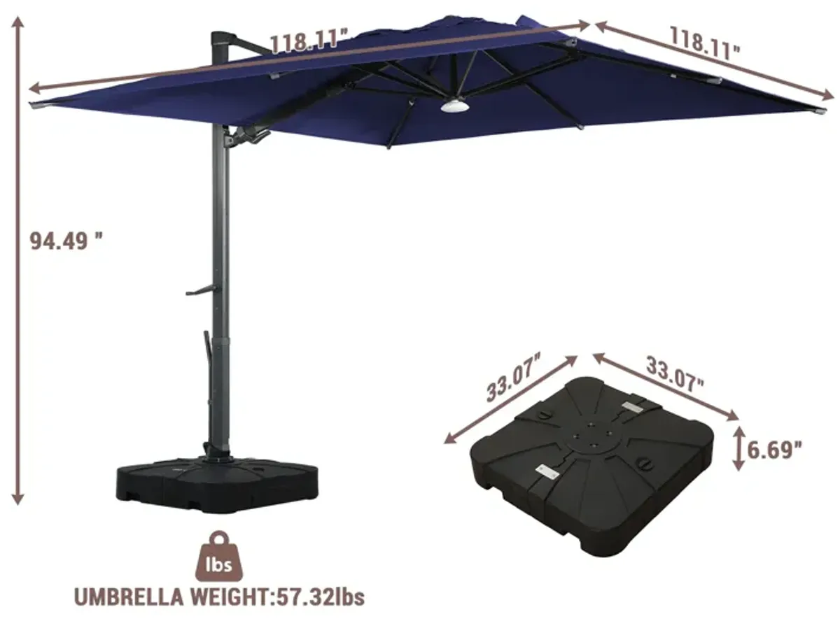 MONDAWE 10 ft. Square Outdoor Cantilever Umbrella Aluminum Frame Tilting Parasol with Detachable Bluetooth LED Light Panel and Weighted Based