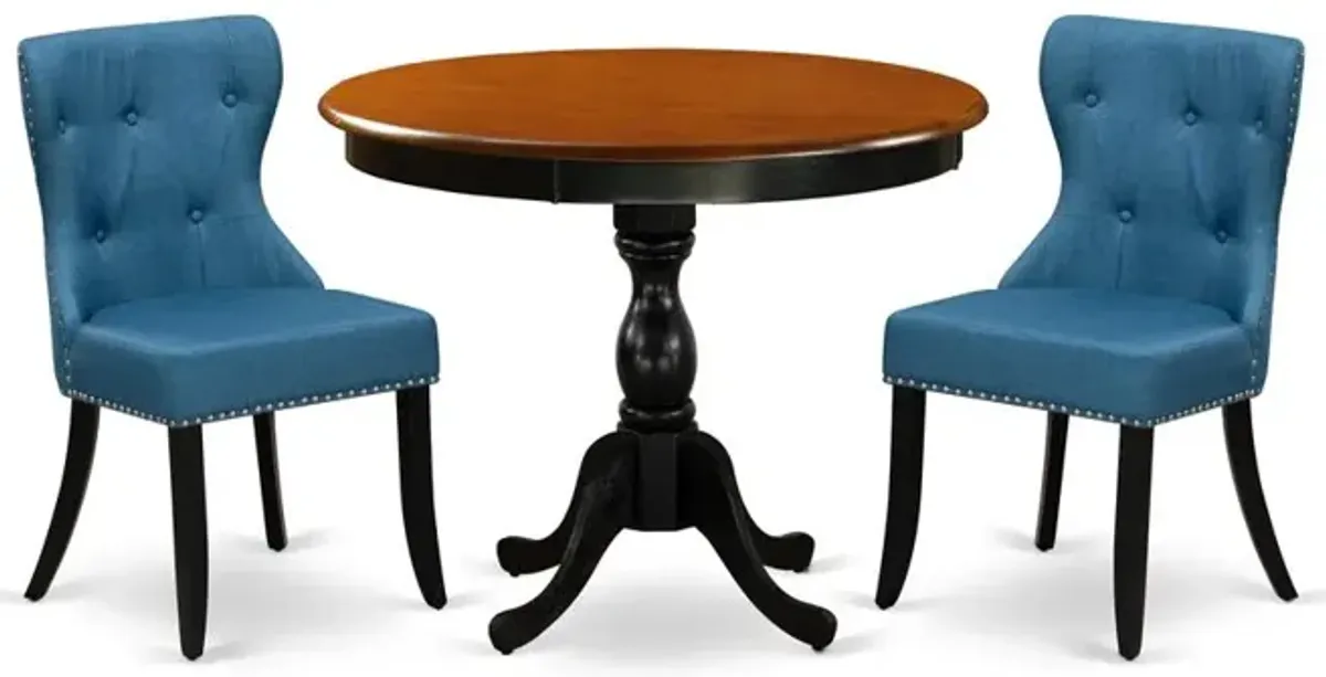 East West Furniture 3-Pc Dining Table Set Contains a Wood Dining Table and 2 Blue Linen Fabric Mid Century Modern Chairs with Button Tufted Back - Black Finish
