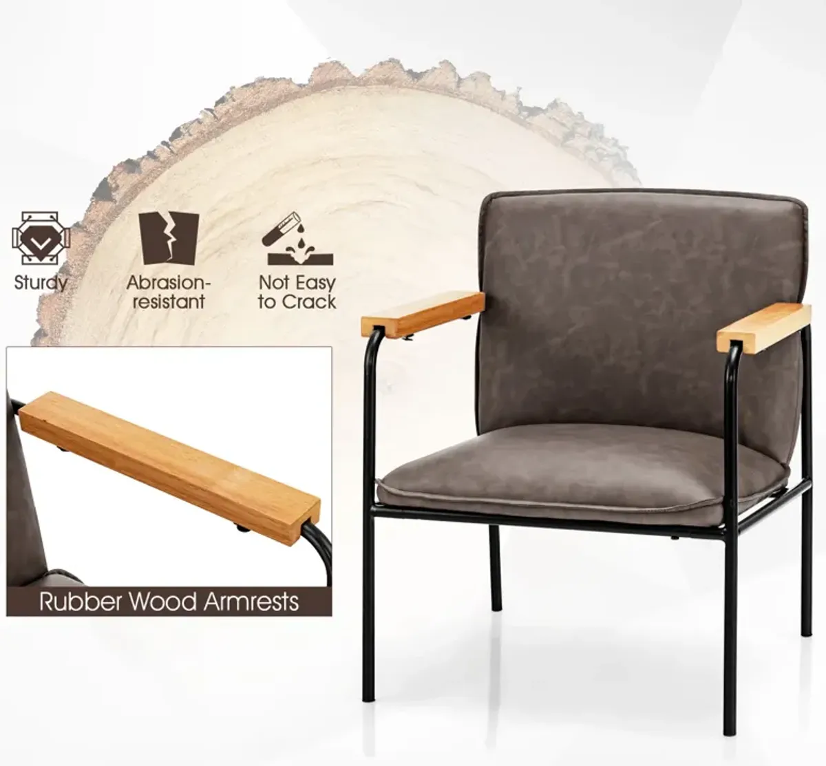 PU Leather Accent Chair with Rubber Wood Armrests