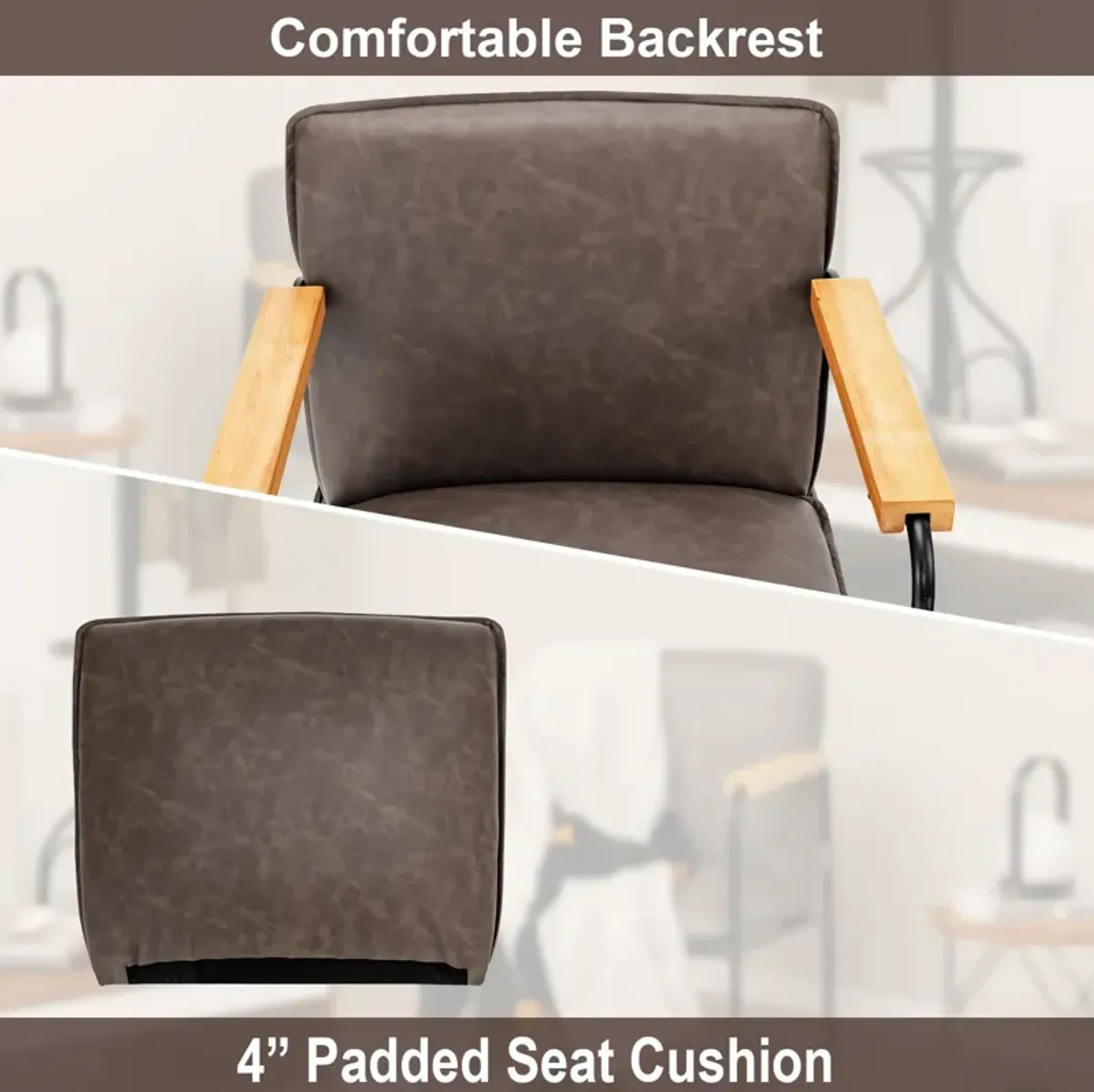 PU Leather Accent Chair with Rubber Wood Armrests