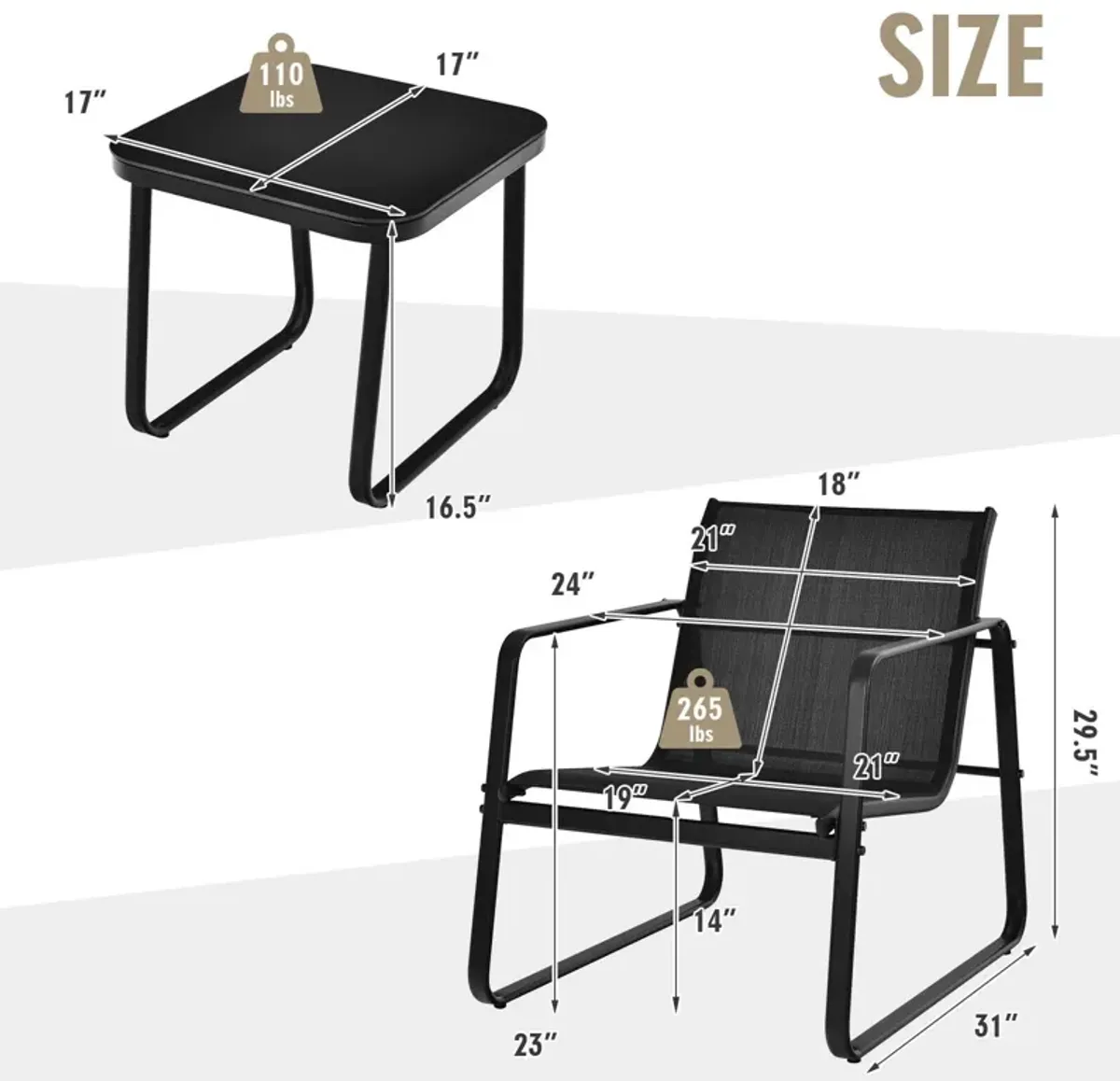 3 Pieces Patio Bistro Furniture Set with Glass Top Table Garden Deck-Black