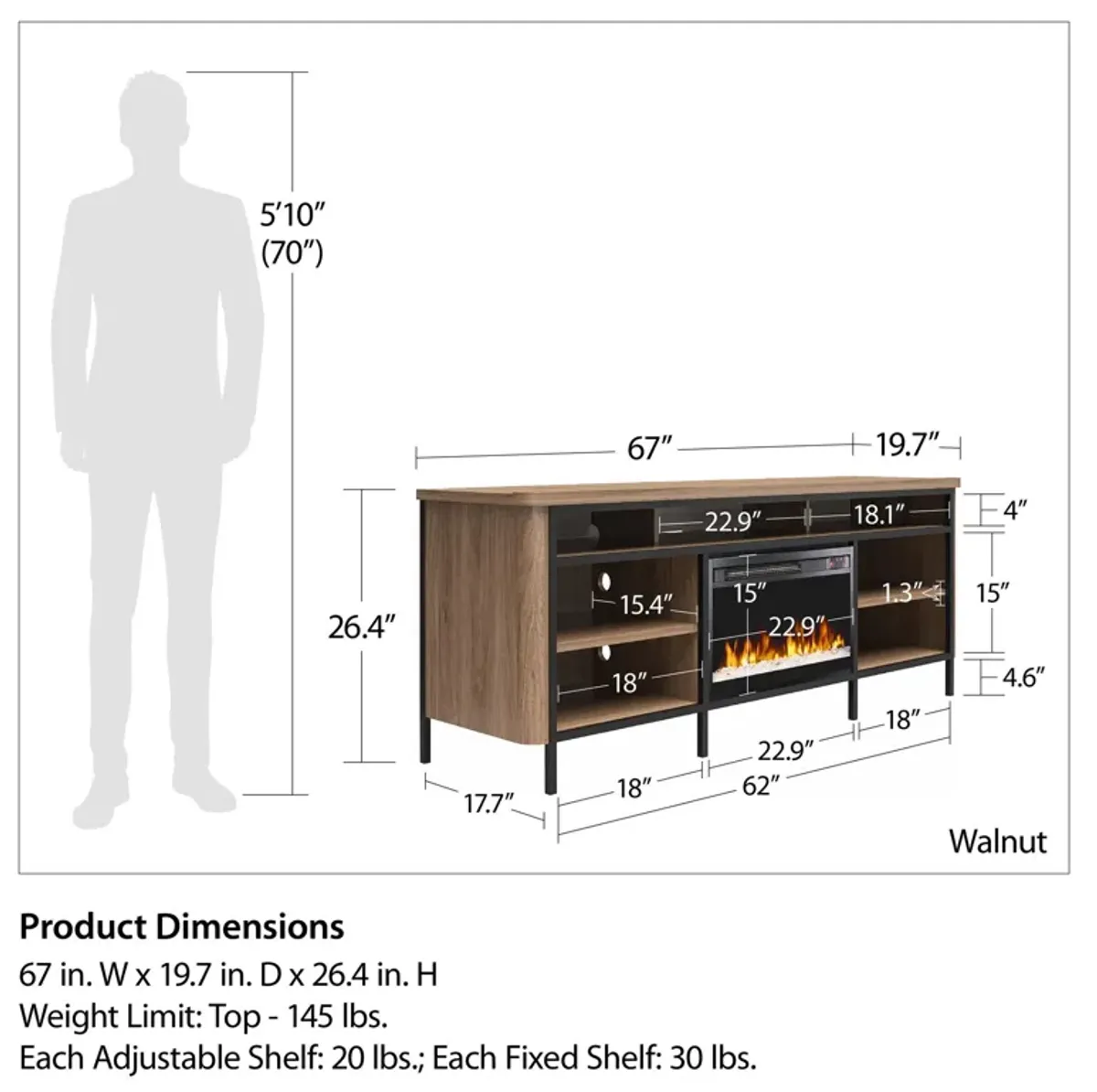 Danton Electric Fireplace Space Heater TV Console for TVs up to 75", Walnut