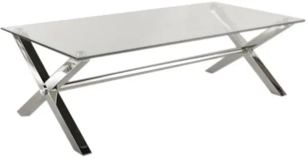 Tia 47 Inch Coffee Table, Rectangular Tempered Glass Top, X Steel Legs - Benzara