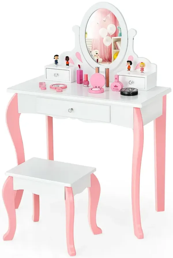 Kids Vanity Princess Makeup Dressing Table Stool Set with Mirror and Drawer