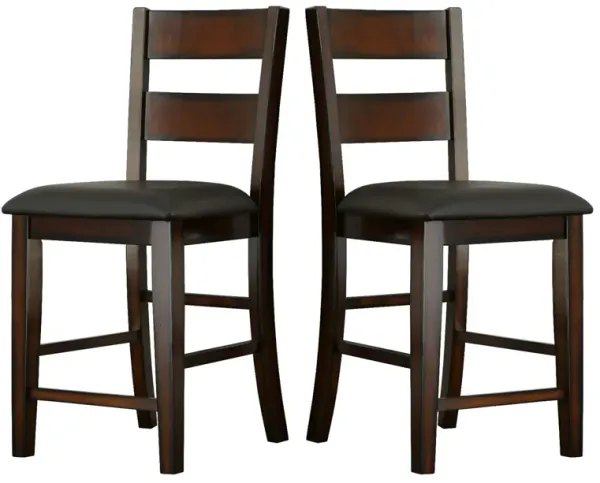 25 Inch Set of 2 Solid Wood Counter Stool Chairs, Ladder Back, Faux Leather Seat, Cherry Brown-Benzara