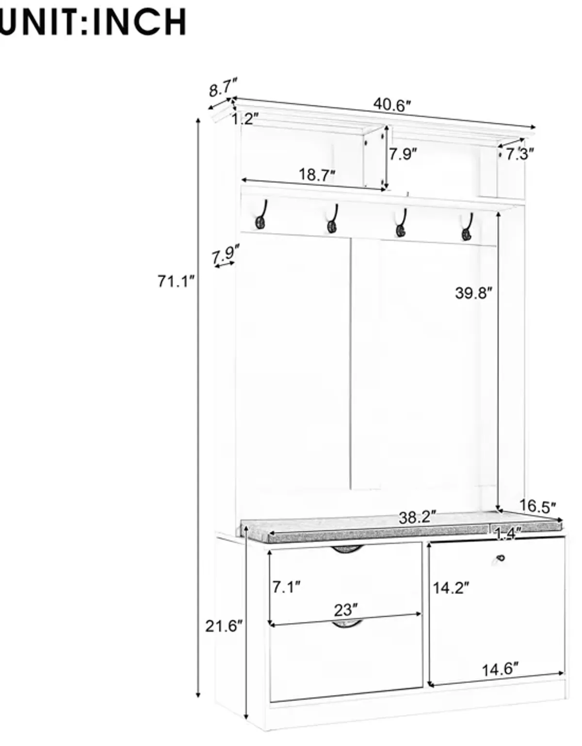 5-in-1 Entryway Bench with Coat Rack, Cushion and 4 Sturdy Hooks, 40.6'' Wide Hall Tree with Shoe Storage Bench for Hallway, Entryway, Living Room