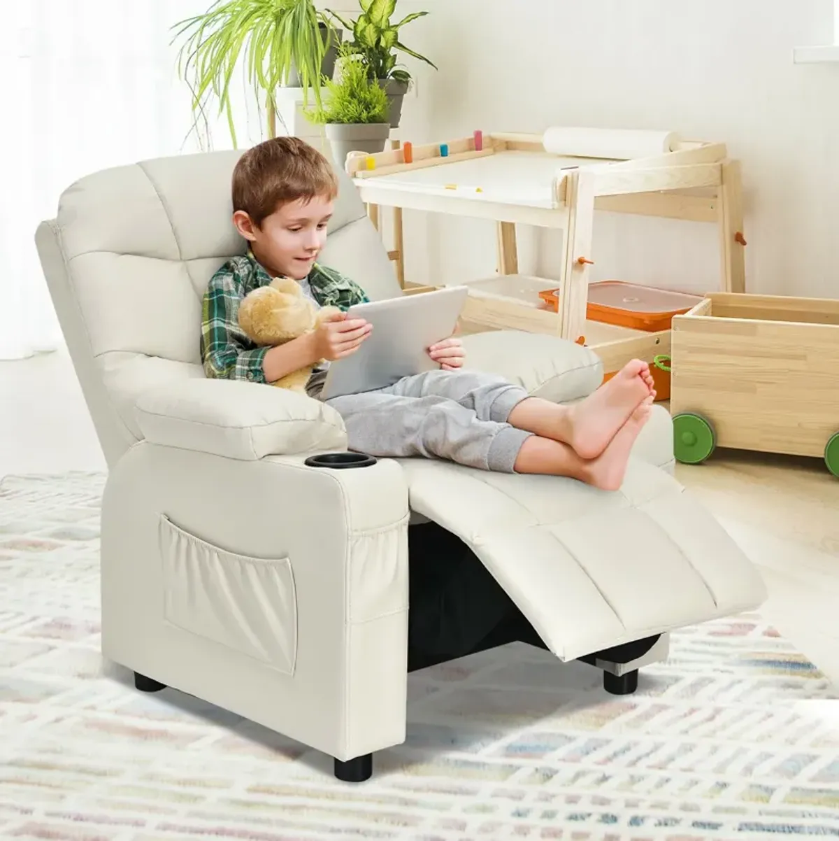 Kids Recliner Chair with Cup Holder and Footrest for Children