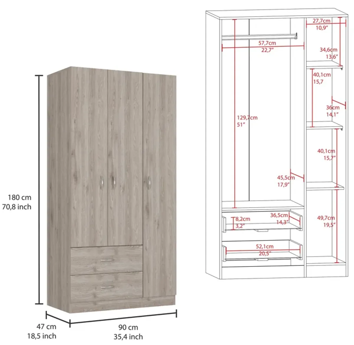 Three Door Armoire Clark, Bedroom, Light Gray