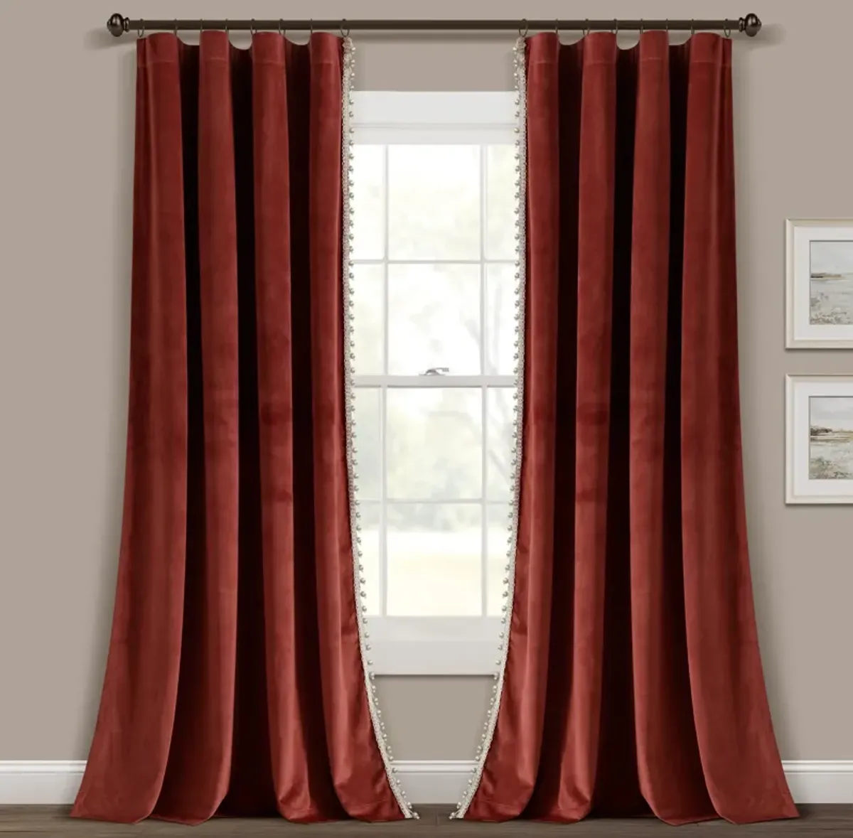 Luxury Vintage Velvet With Silky Pompom Trim Window Curtain Panel