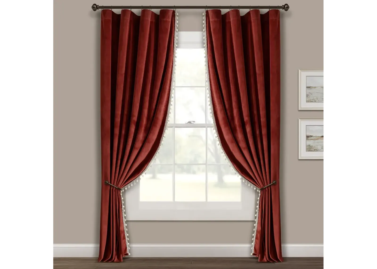 Luxury Vintage Velvet With Silky Pompom Trim Window Curtain Panel