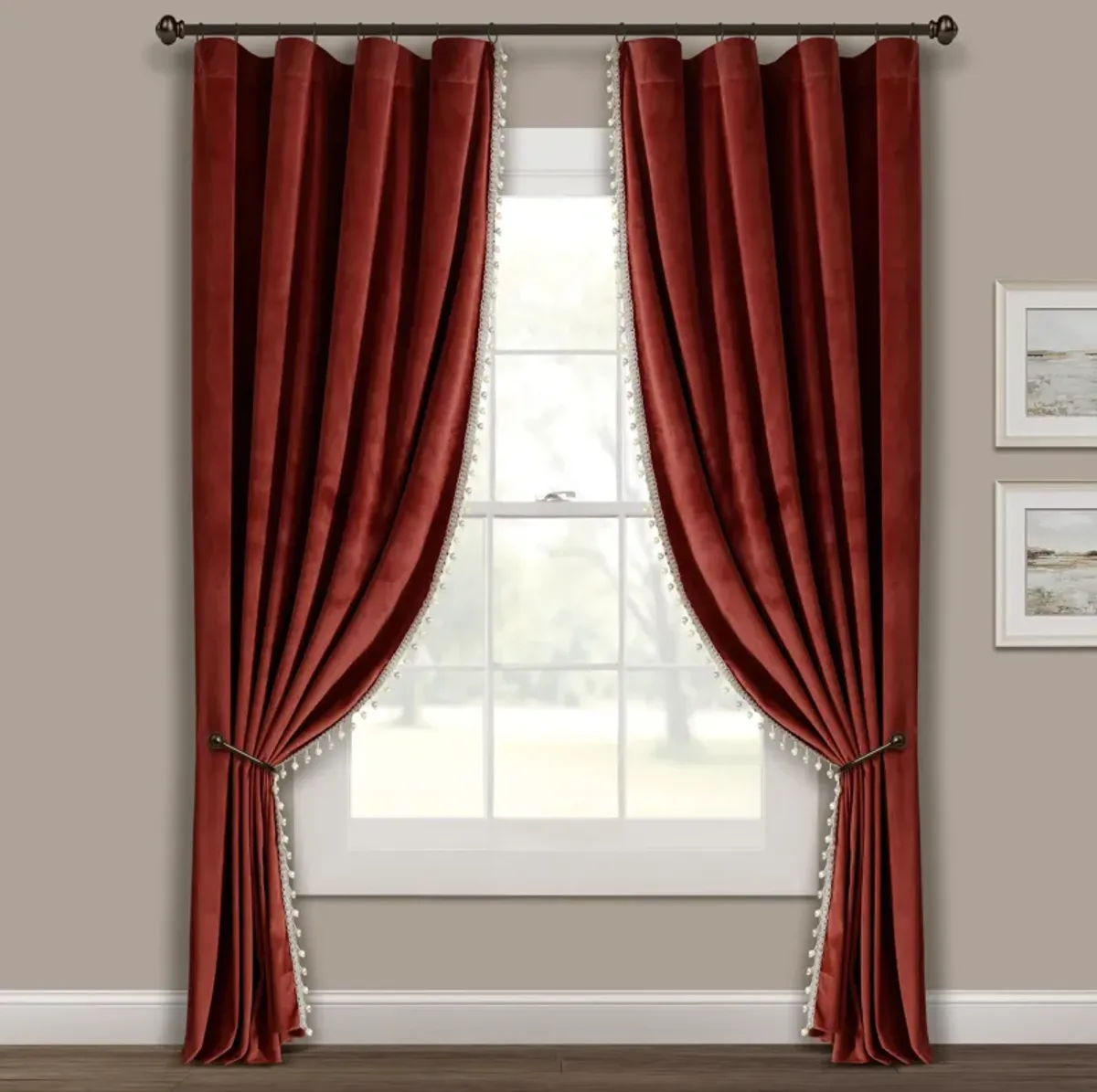 Luxury Vintage Velvet With Silky Pompom Trim Window Curtain Panel