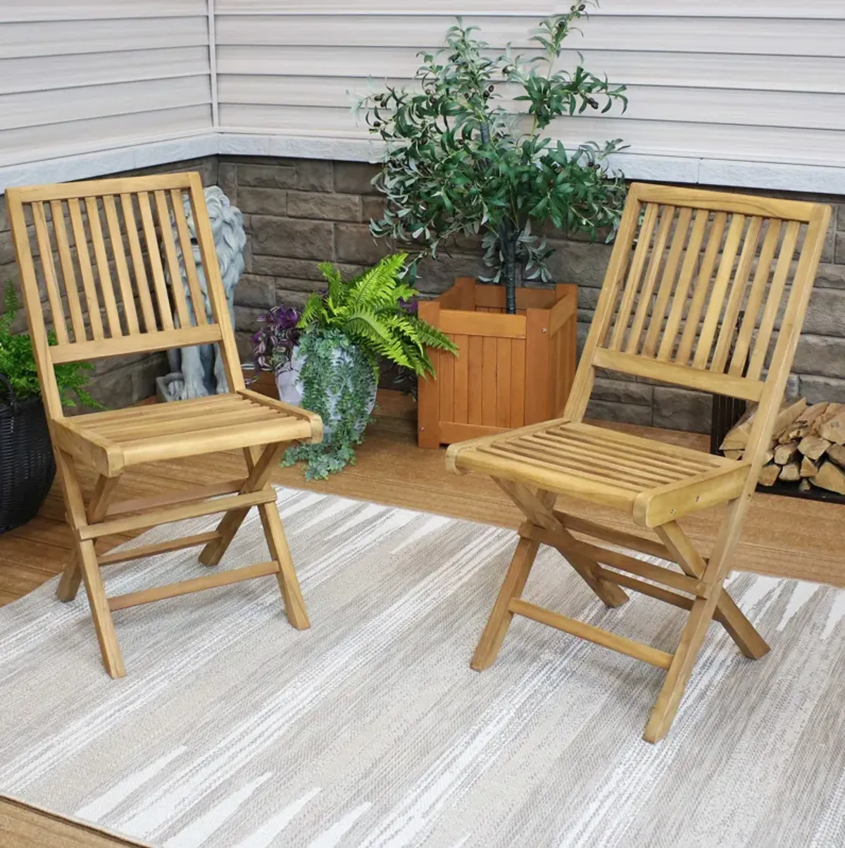 Sunnydaze Nantasket Solid Teak Folding Slat-Back Patio Chair