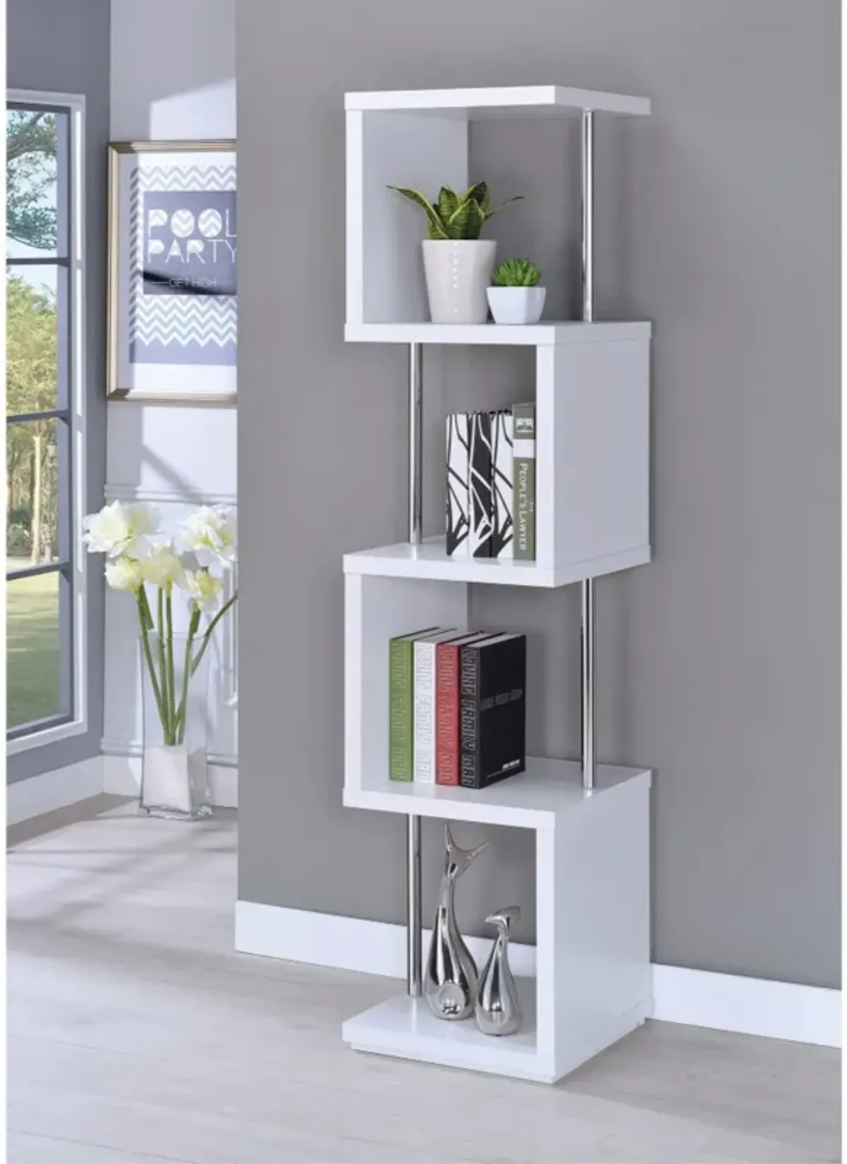 Modern Four Tier Wood And Metal  Bookcase, White