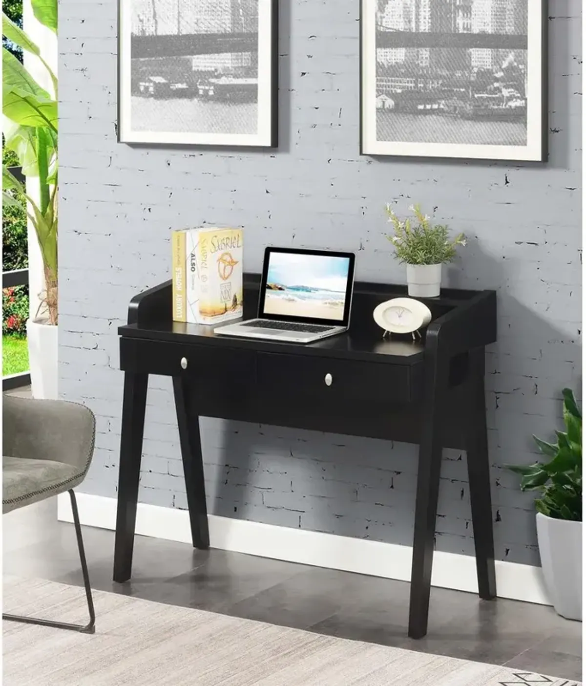 Convenience Concepts Newport Deluxe 2 Drawer Desk with Shelf, Black