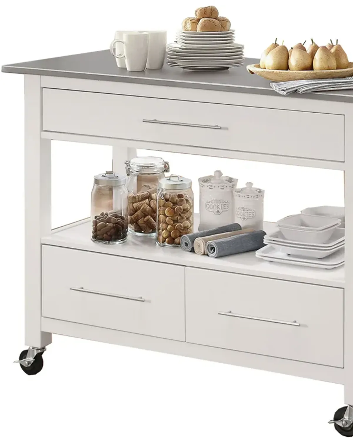 Kitchen Cart With Stainless Steel Top, Gray & White-Benzara