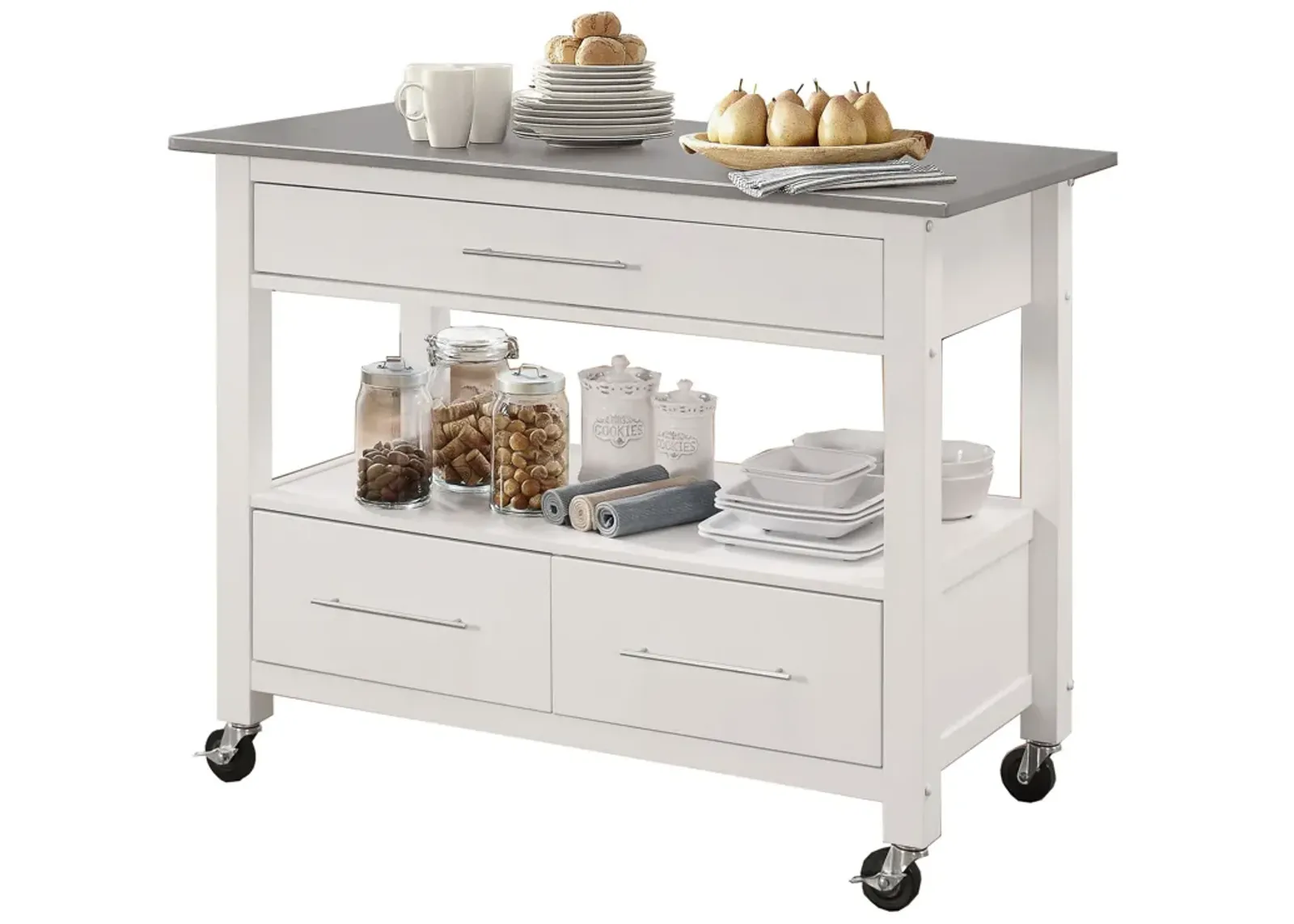 Kitchen Cart With Stainless Steel Top, Gray & White-Benzara