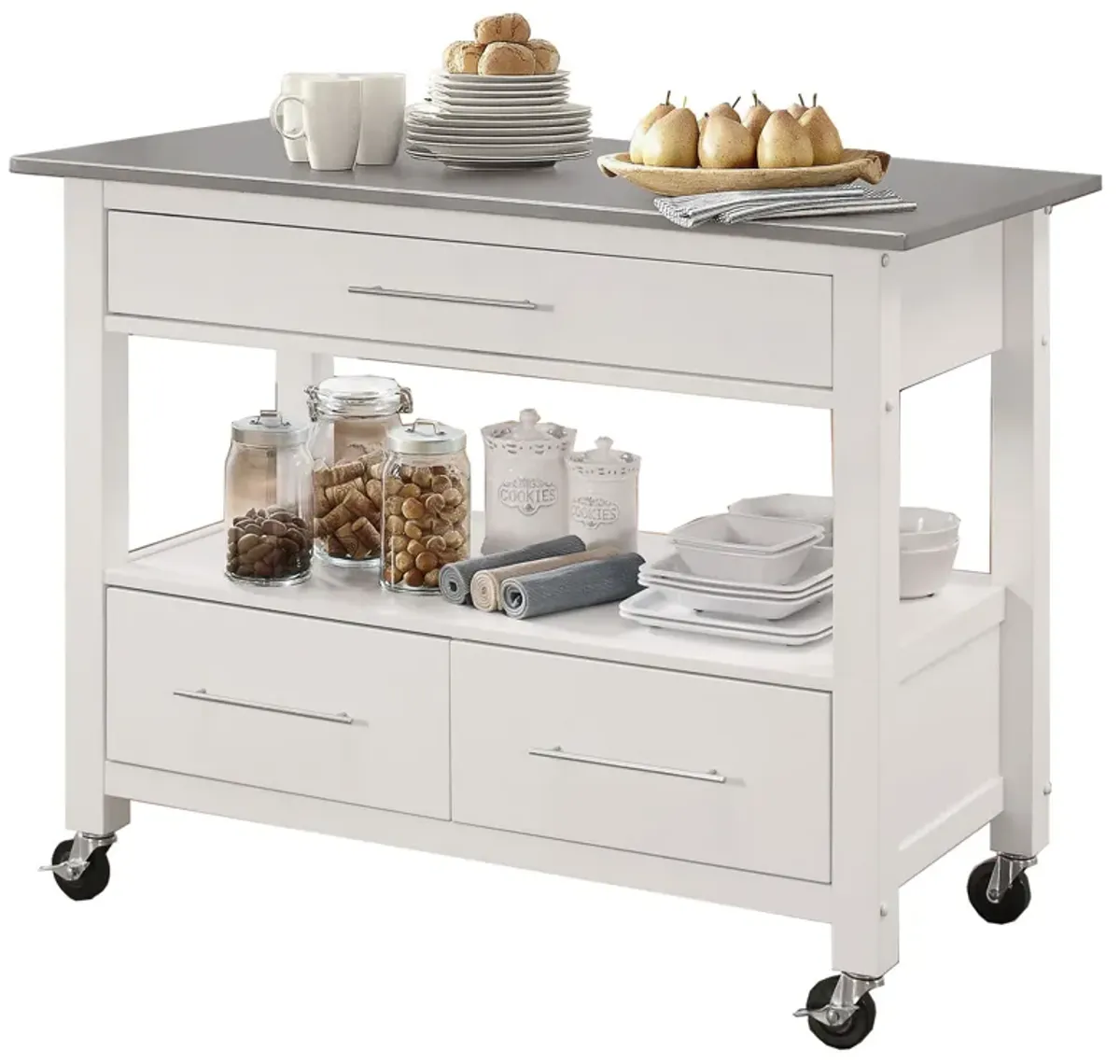 Kitchen Cart With Stainless Steel Top, Gray & White-Benzara