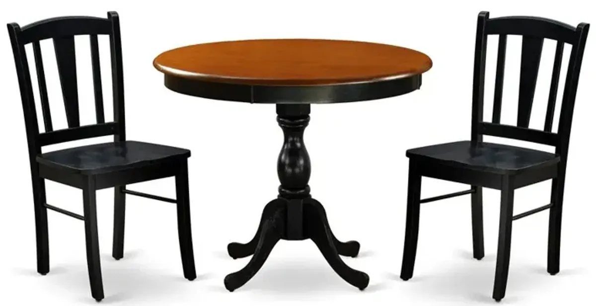 East West Furniture 3-Pc Kitchen Dining Table Set Contains a Dining Table and 2 Mid Century Dining Chairs with Slatted Back - Black Finish