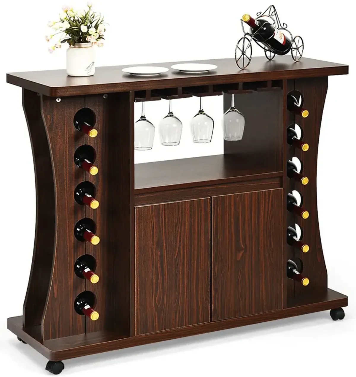 Rolling Buffet Sideboard Wooden Bar Storage Cabinet-Walnut