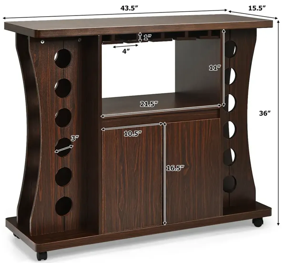 Rolling Buffet Sideboard Wooden Bar Storage Cabinet-Walnut