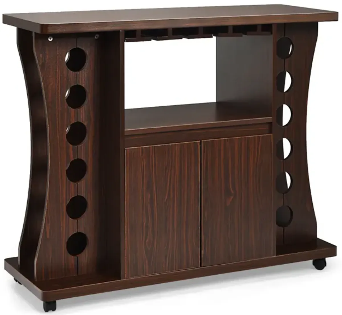 Rolling Buffet Sideboard Wooden Bar Storage Cabinet-Walnut