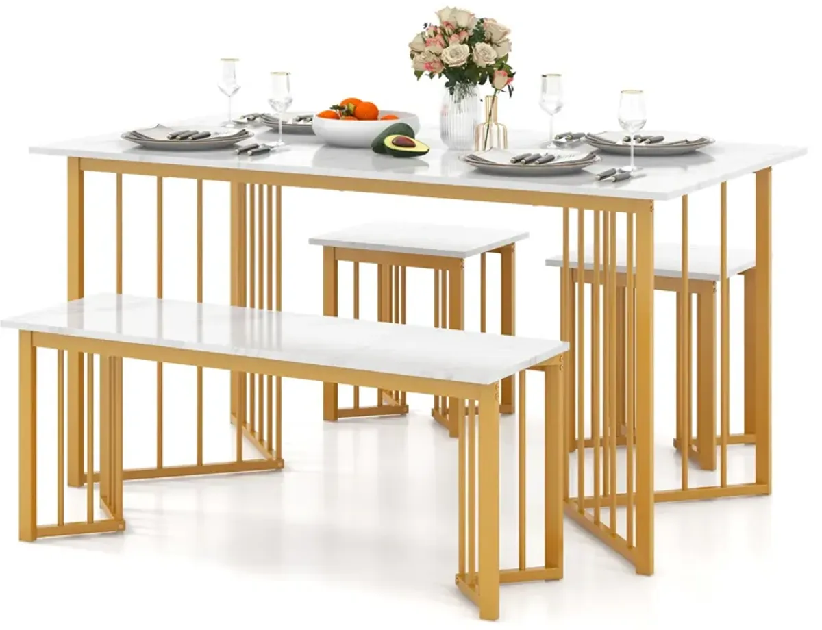 4 Piece Dining Table Set with Bench and 2 Stools-White