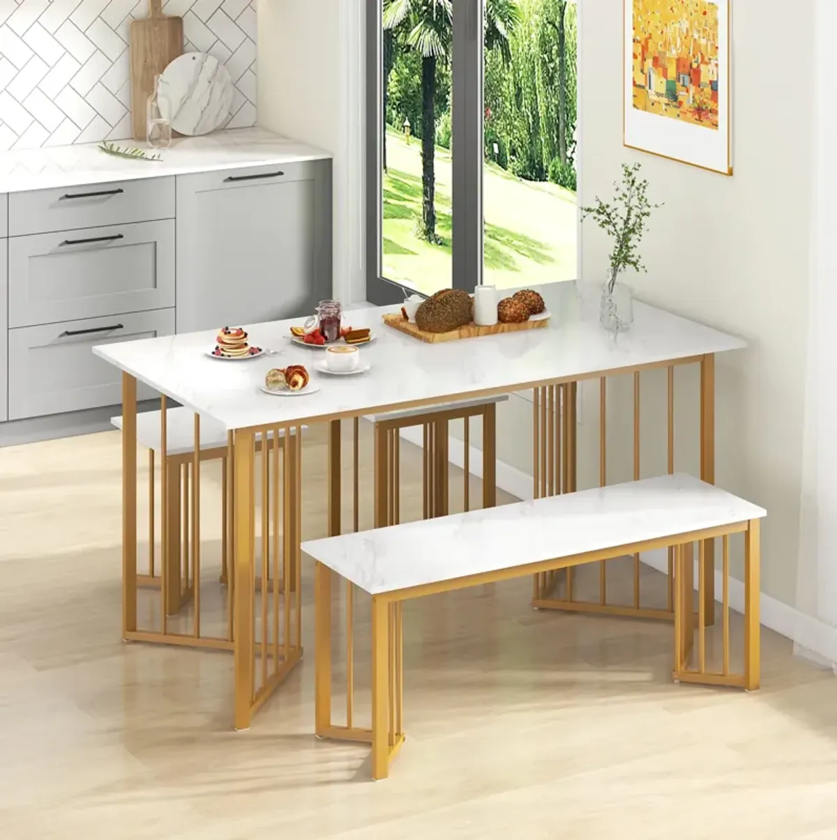 4 Piece Dining Table Set with Bench and 2 Stools-White