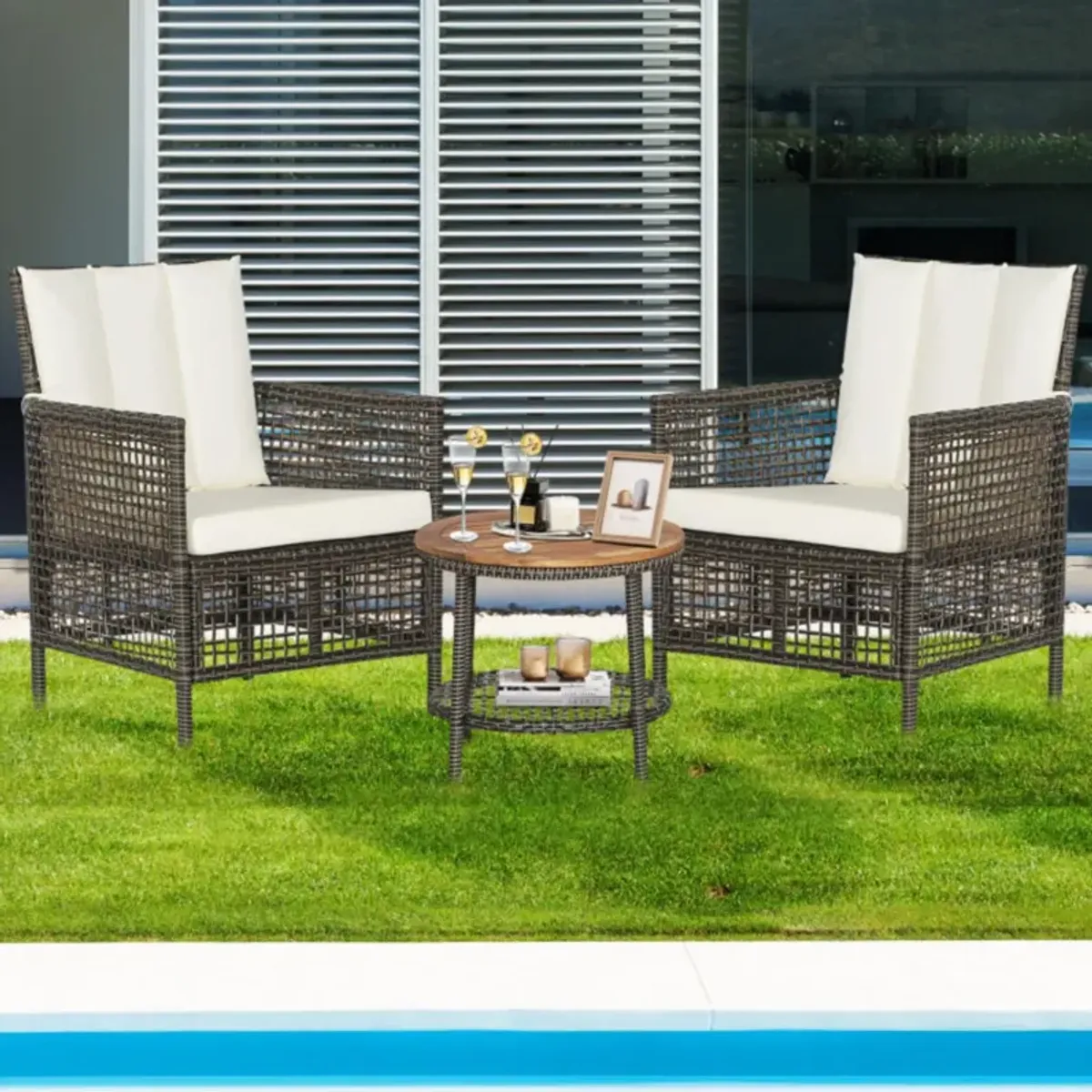 Hivvago 3 Pieces Patio Rattan Furniture Set with Cushioned Sofas and Wood Table Top