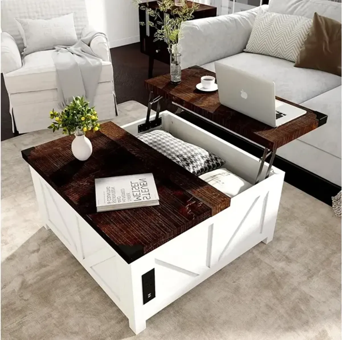 Jimeimen Wood Square Center Table with Charging Station & USB Ports