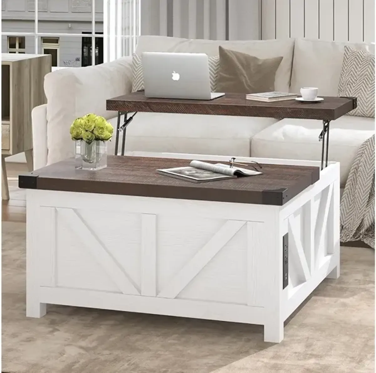 Jimeimen Wood Square Center Table with Charging Station & USB Ports