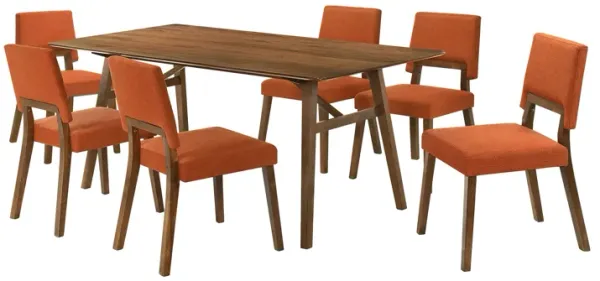 Yumi 7 Piece Dining Table Set with 6 Chairs, Orange Fabric, Wood Brown - Benzara