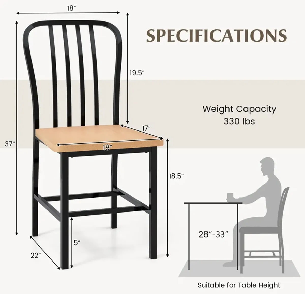 Armless Spindle Back Dining Chair Set of 2 with Ergonomic Seat