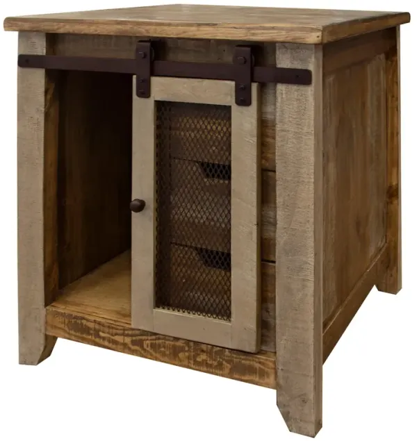 Benjara Fena 26 Inch 3 Drawer End Table, 1 Mesh Barn Door, Pine Wood, Brown and Multicolor