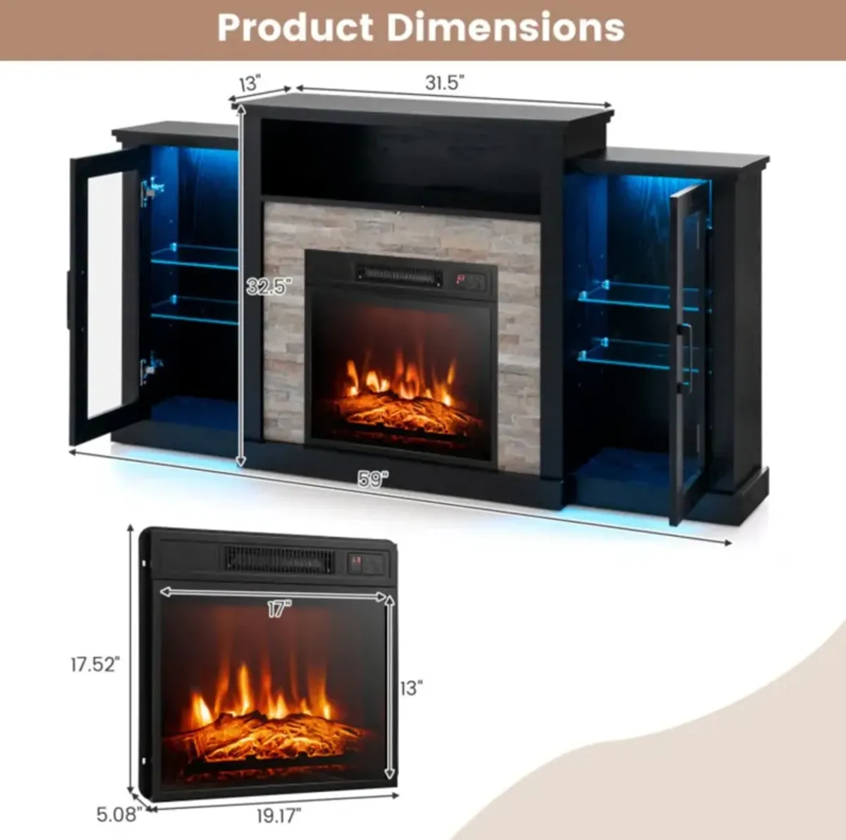 Hivvago Fireplace TV Stand with 16-Color Led Lights for TVs up to 65 Inch