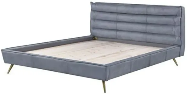 Queen Bed with Leather Upholstery and Tapered Metal Legs, Gray - Benzara