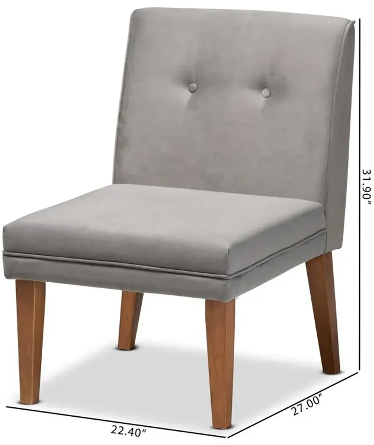 Grey Velvet Upholstered and Walnut Brown Finished Wood Dining Chair