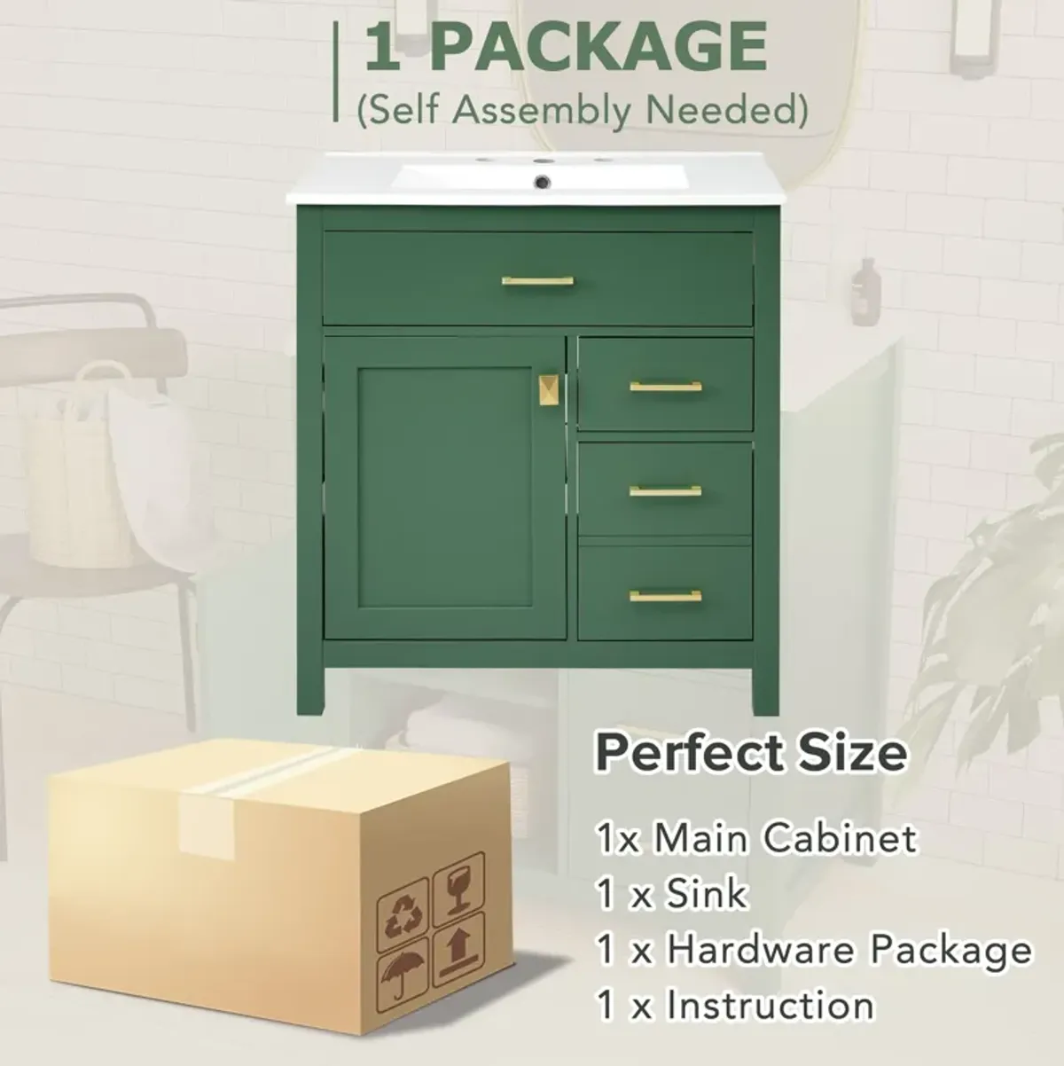 Gewnee 30-Inch Green Bathroom Vanity with Ceramic Sink and Ample Storage - Ideal Choice for Small Bathrooms